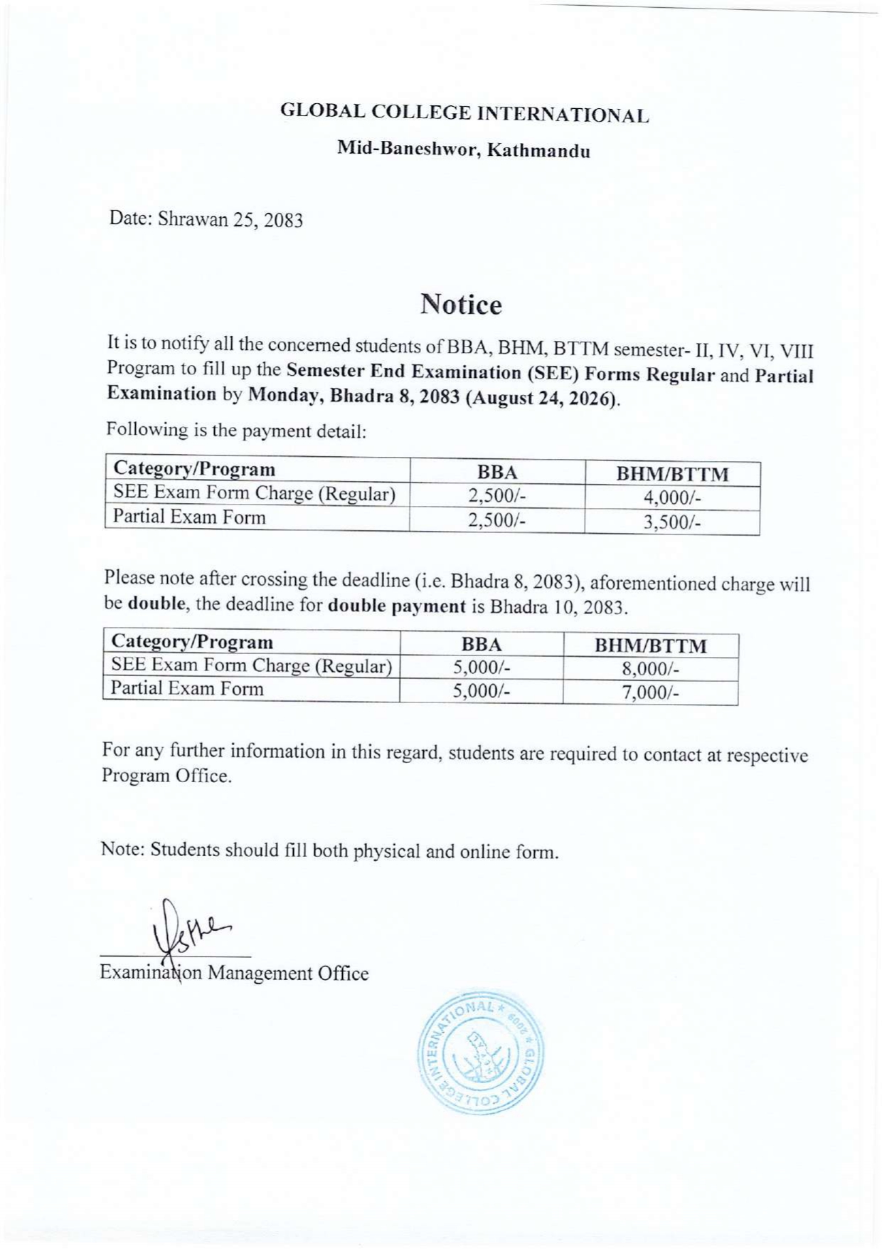 Exam Form Notice BBA,BHM,BTTM Sem-2,4,6,8