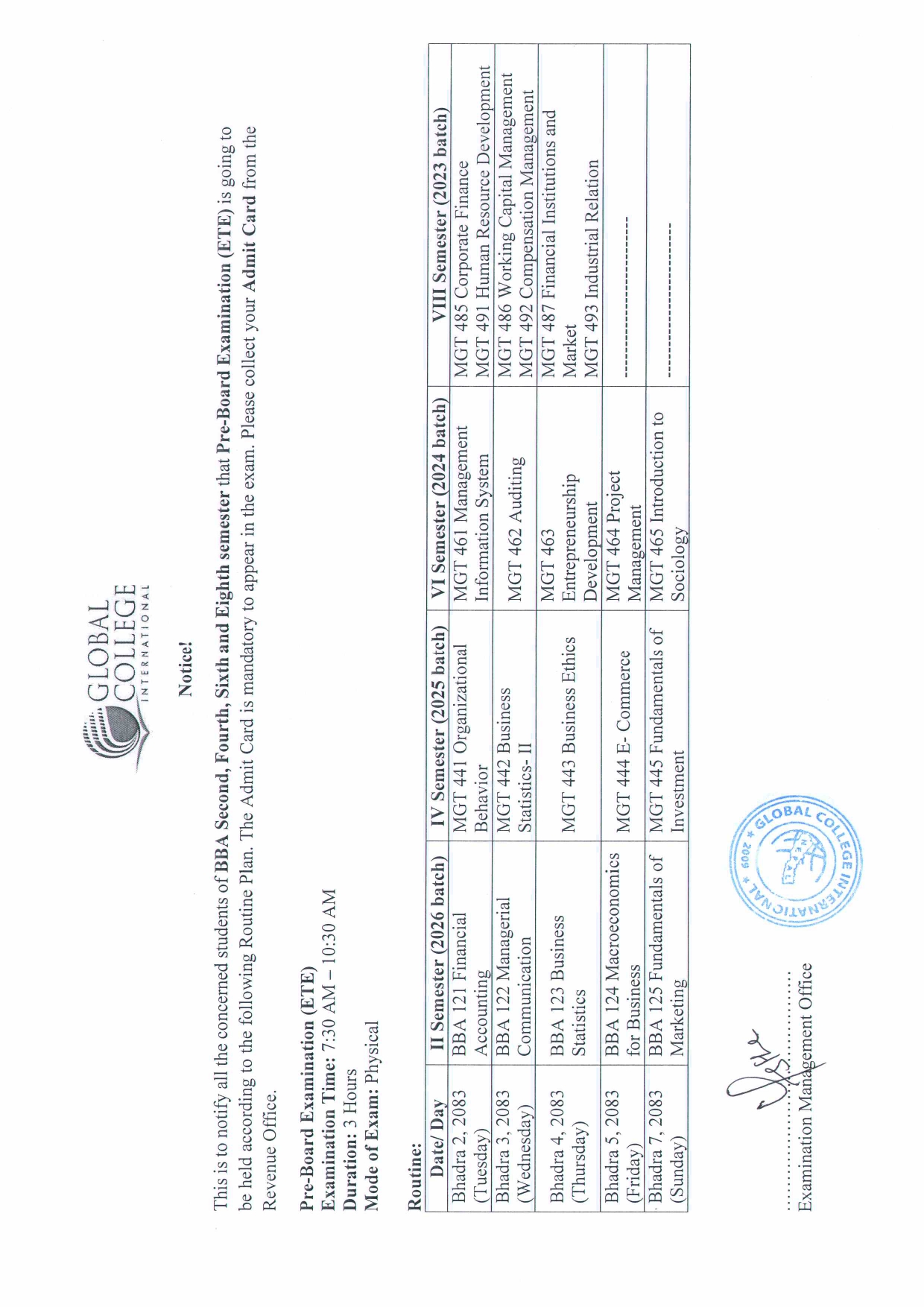 Pre-Board routine BBA Sem-2, 4, 6, 8