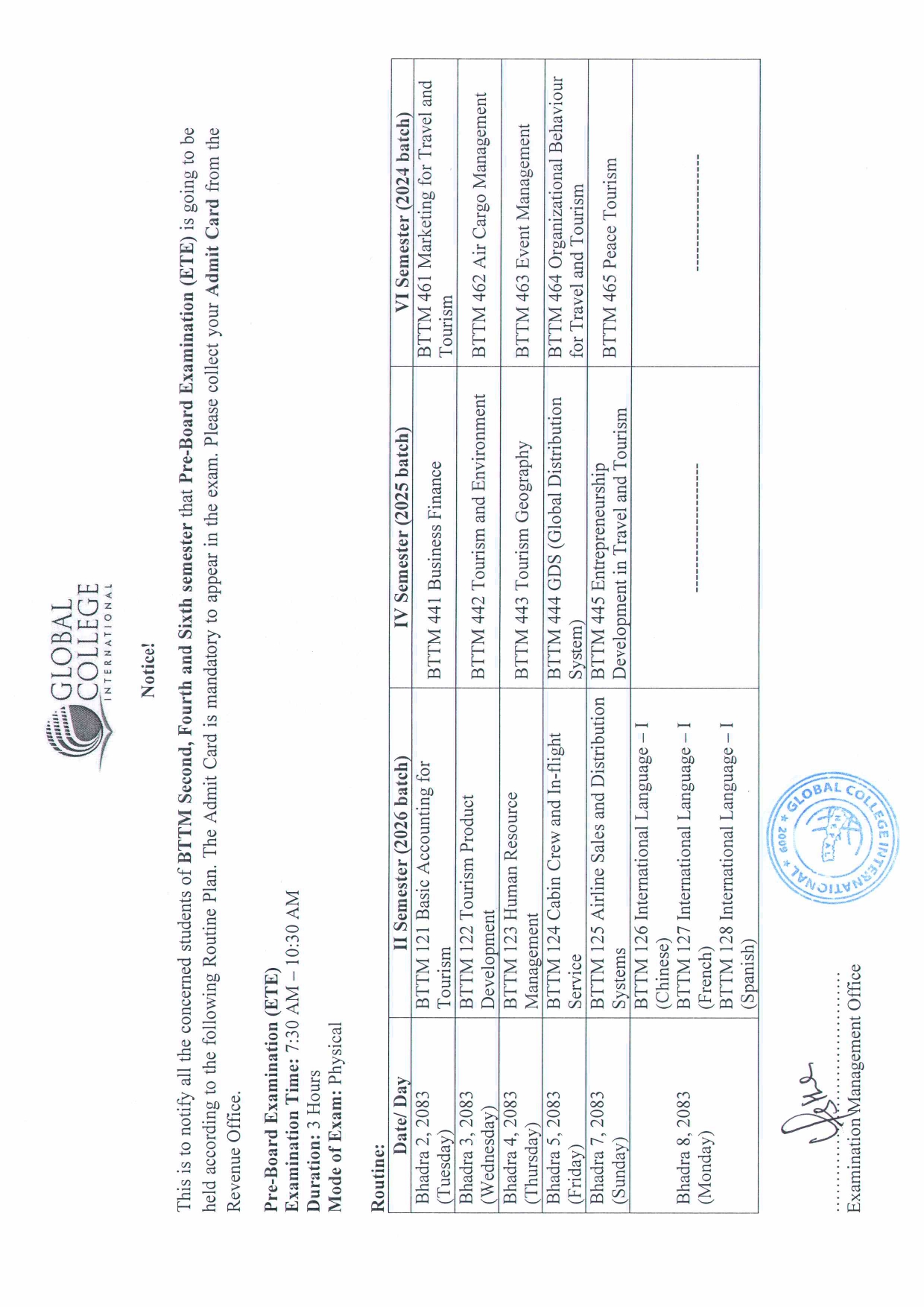 Pre-Board routine BTTM Sem-2, 4, 6