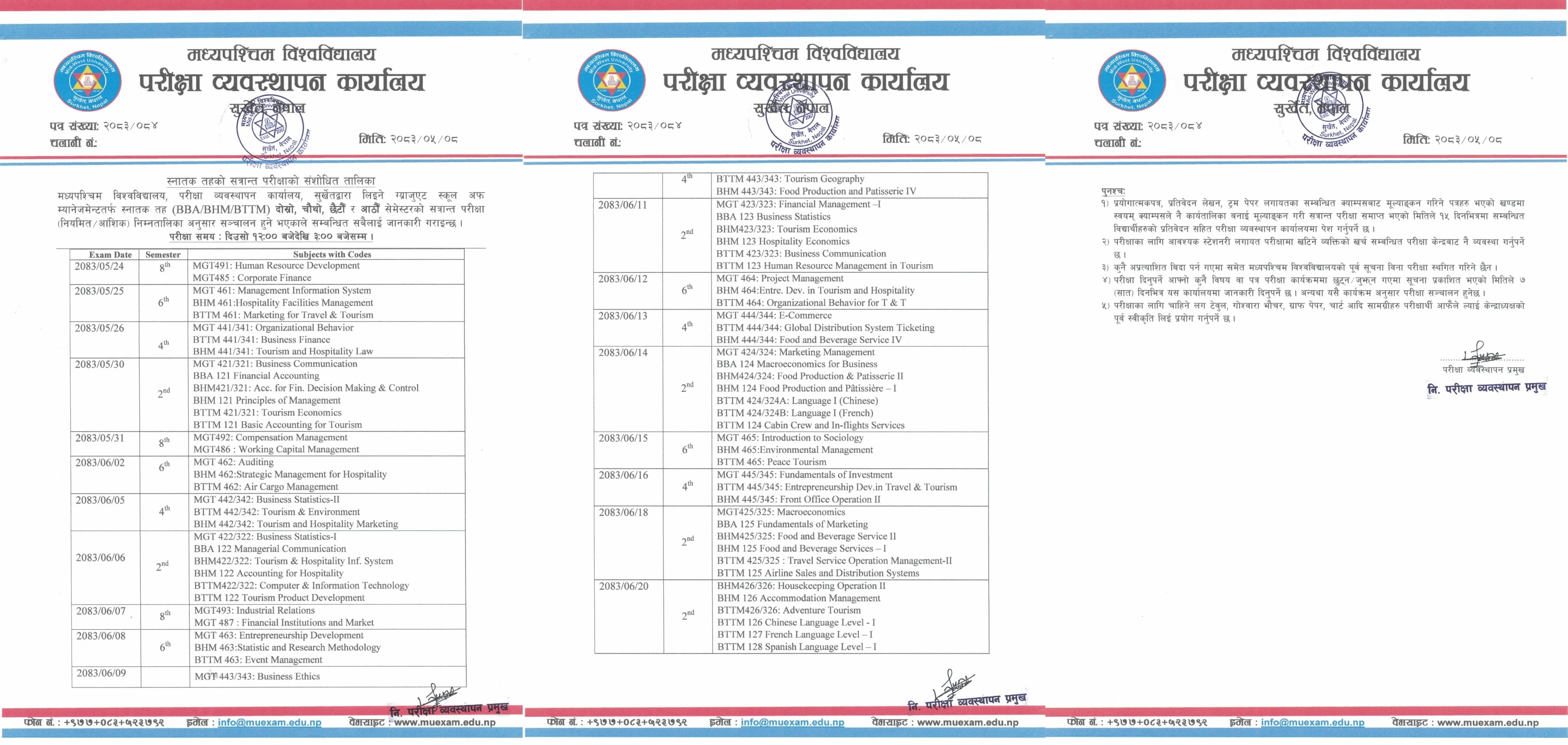 Revised University Exam Routine BBA, BHM, BTTM Sem-2,4,6,8