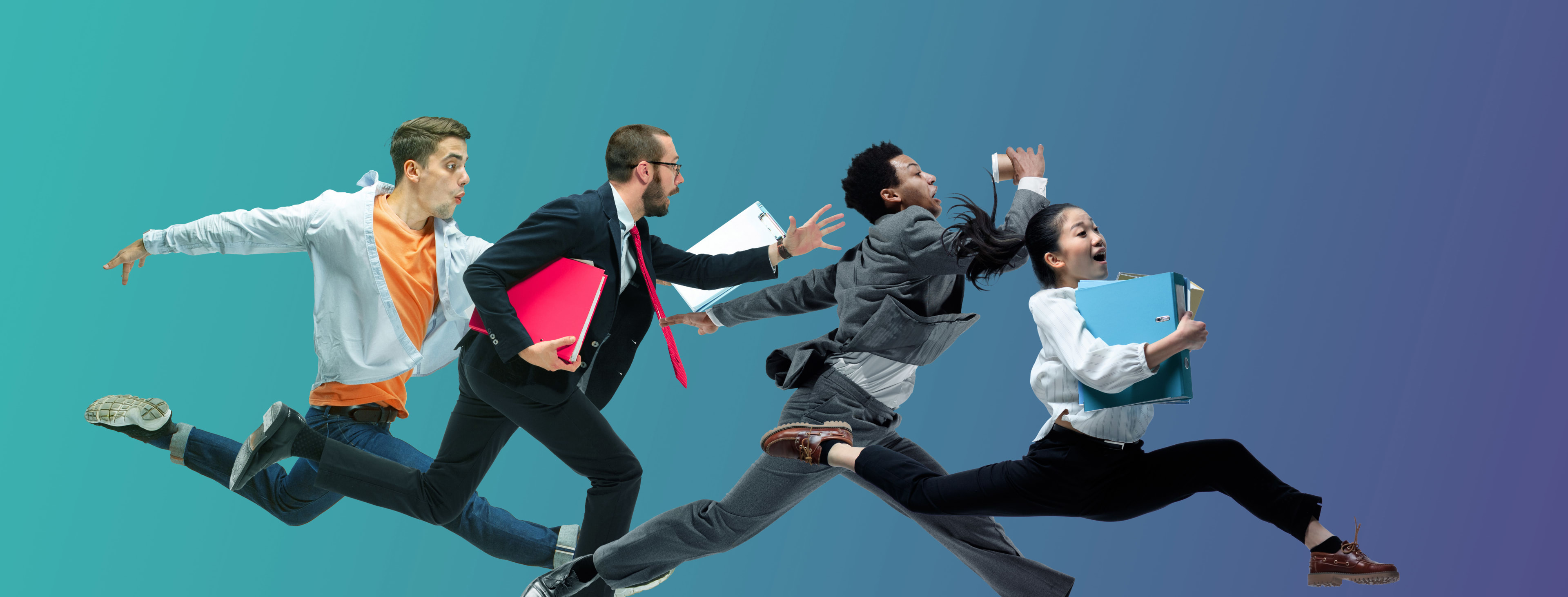 Happy office workers jumping and dancing forward.