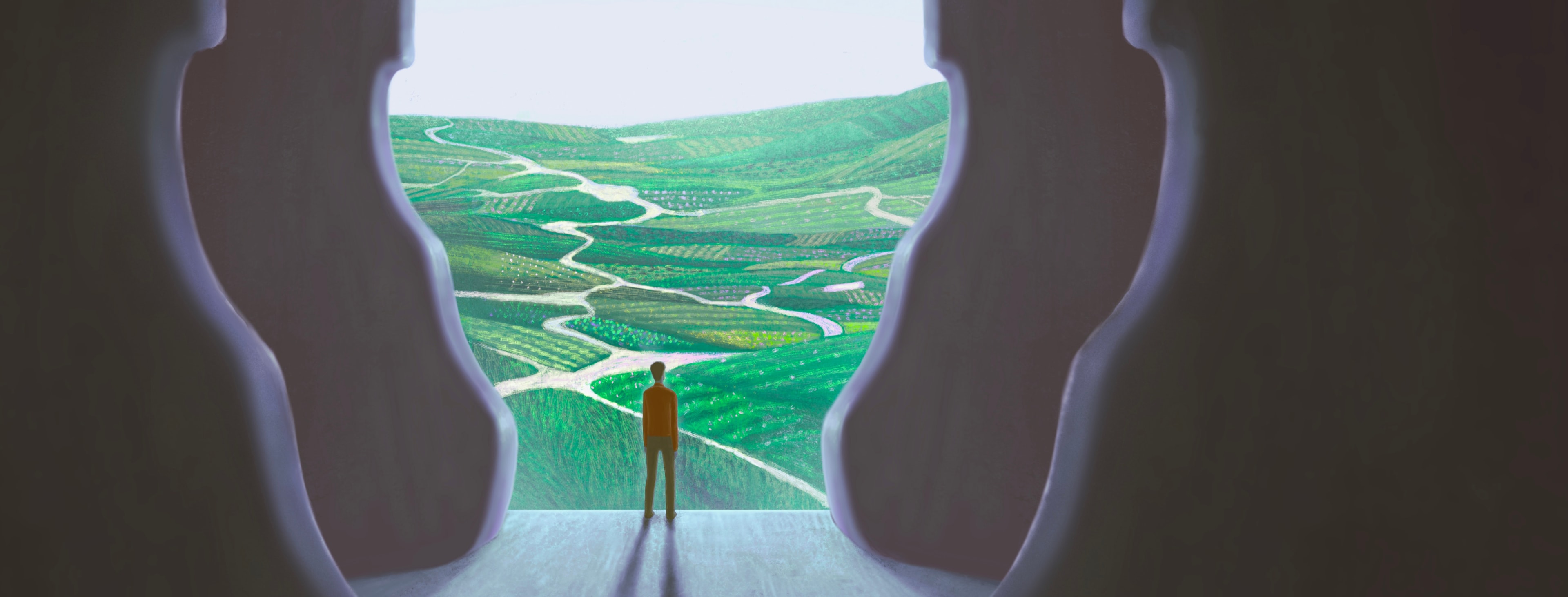Surreal painting of man looking out at a landscape through anothers eyes