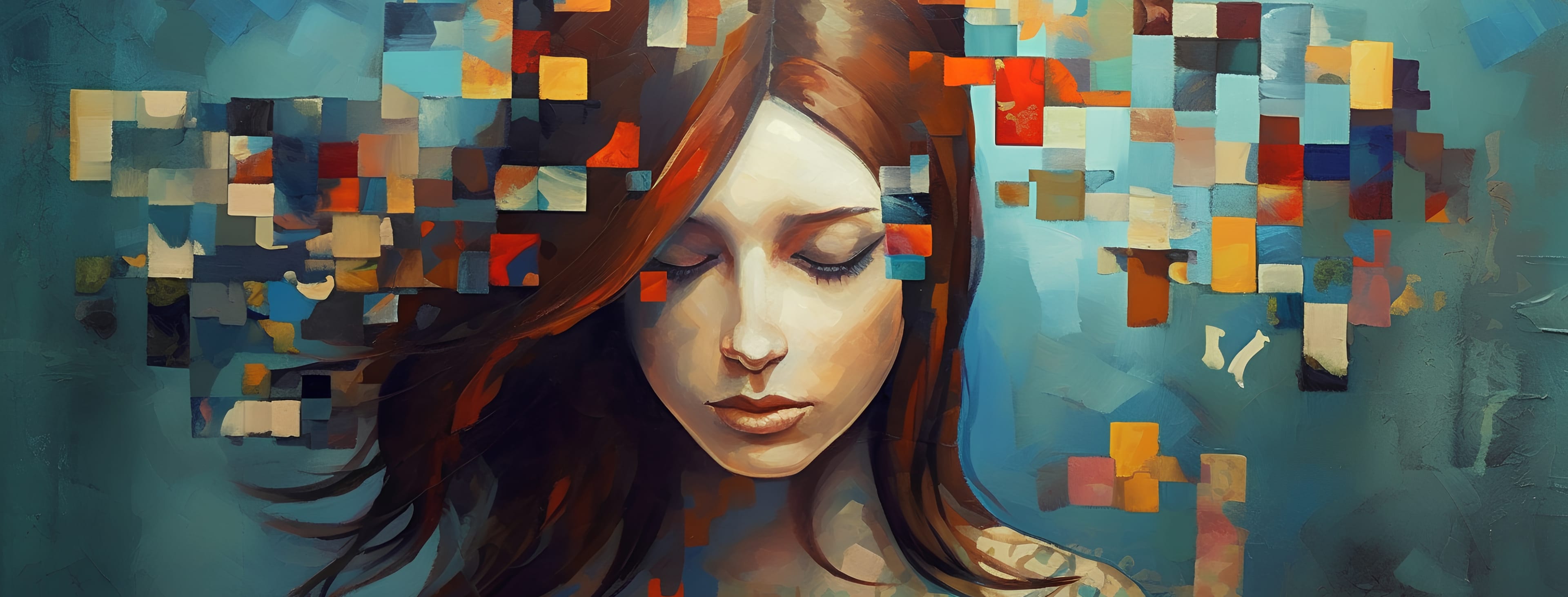 Closeup view of person's head with abstract pieces floating around, Generative AI