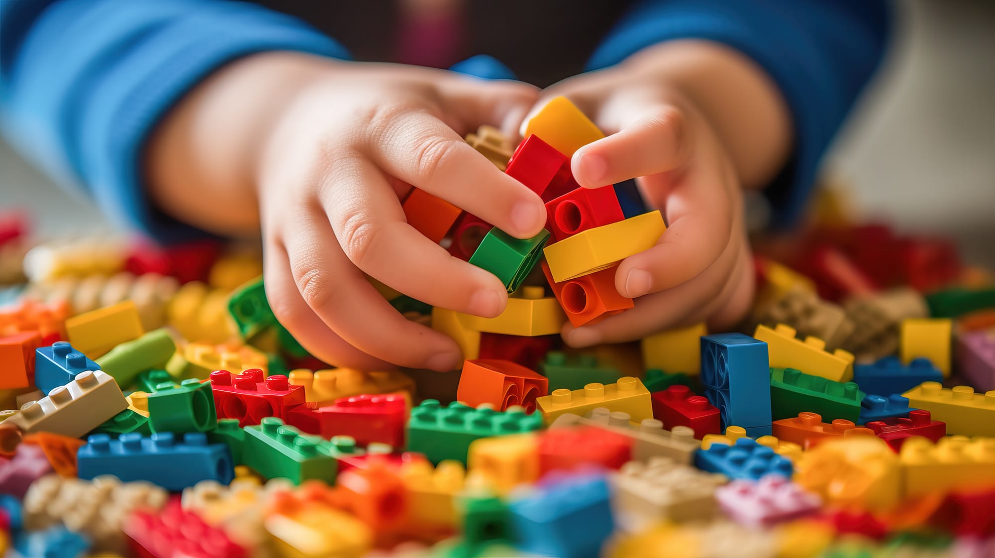Close-up photograph of a small childs hands playing with a colorful set of building blocks