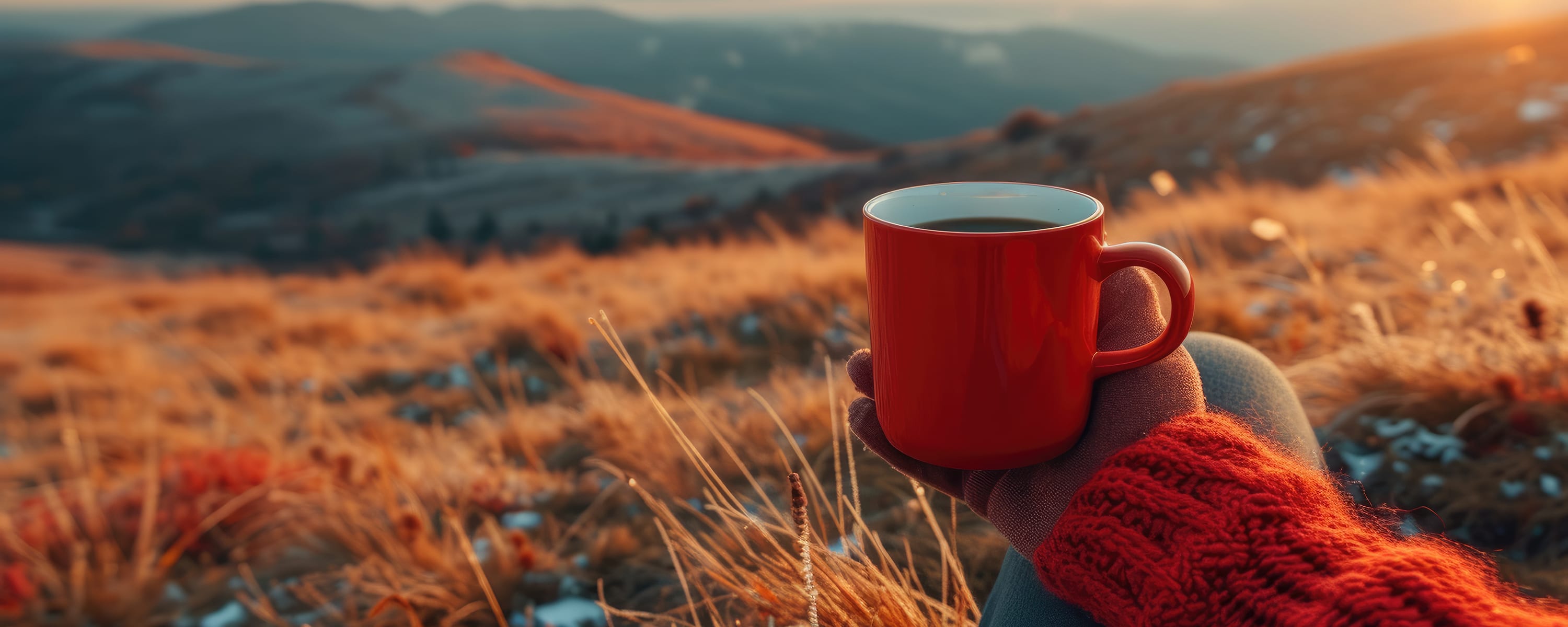 Hand holding a red cup filled with coffee overlooking a field at sunrise