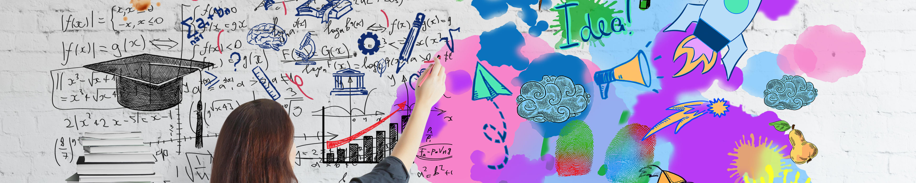 Woman drawing on white board showing creative and analytical images