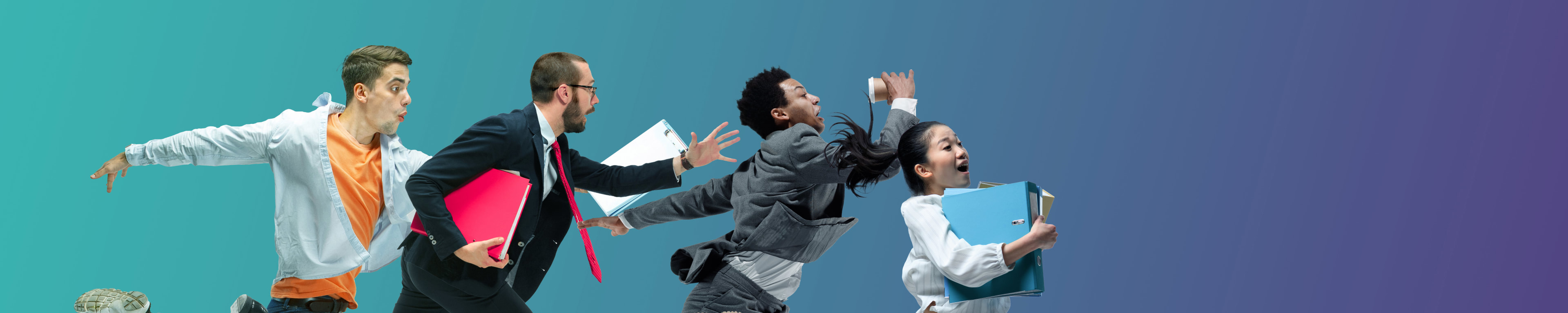 Happy office workers jumping and dancing forward.