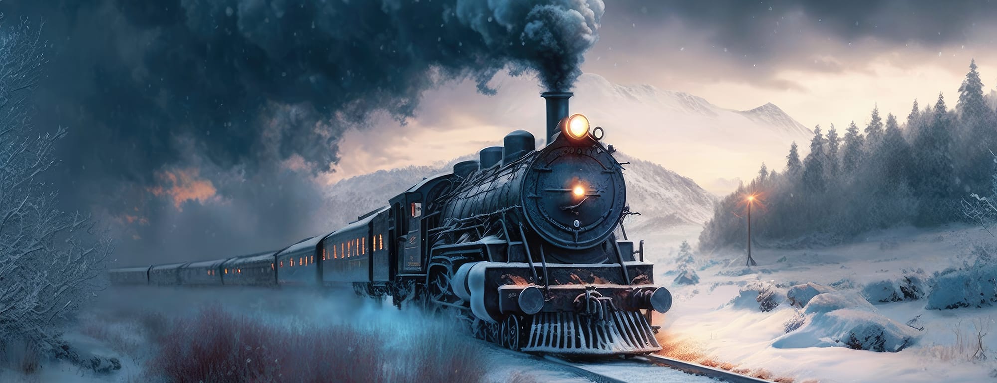 Riding the Rails Exploring the Polar Express Steam Train Through the Snowy Mountains Generative AI