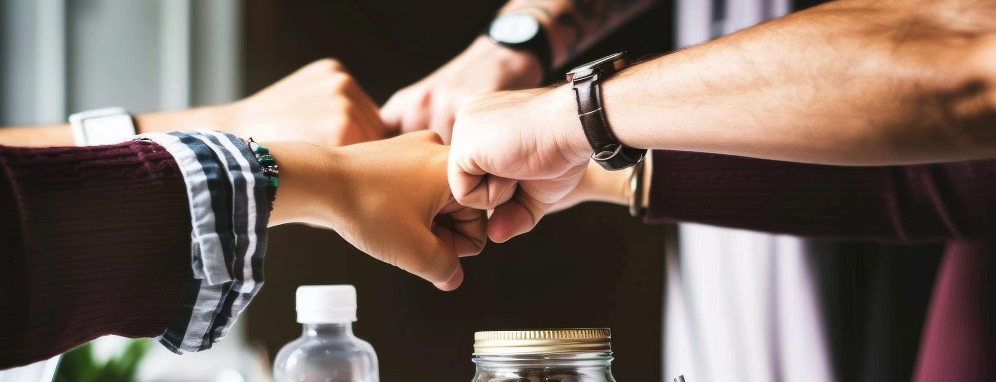 Closeup of co-workers in a circle doing a fist bump