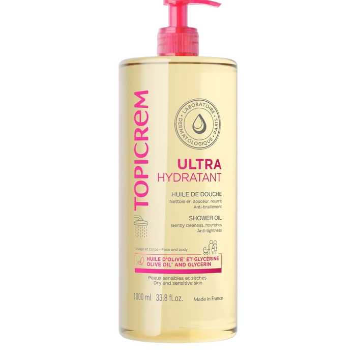 produit-topicrem ultra-hydratant - huile de douche - visage et corps - peaux sensibles et sèches, 1l