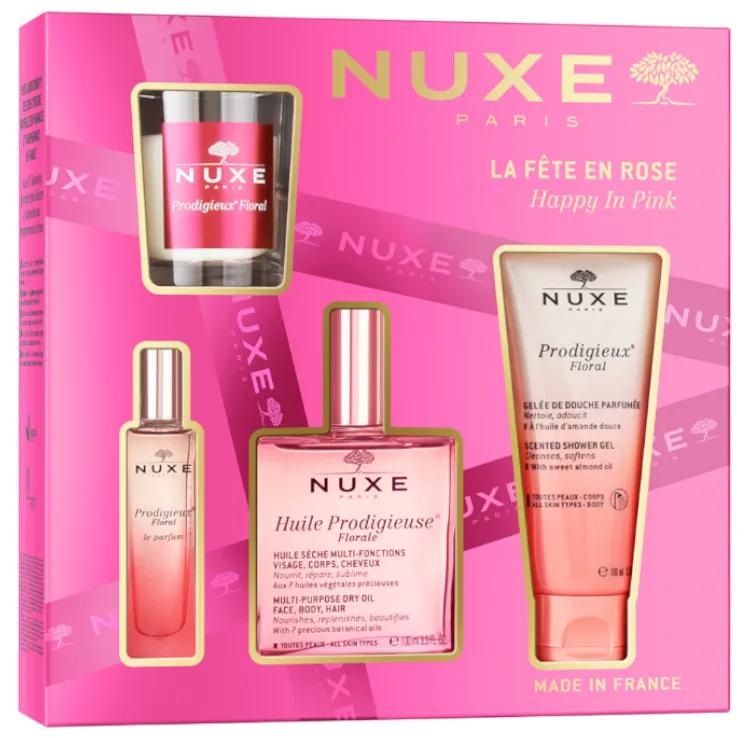 produit-NUXE - Coffret La Fête en Rose| huile prodigieuse florale 100ml + prodigieux floral le parfum 15ml + prodigieux floral gelée de douche parfumée 100ml + prodigieux floral bougie d'intérieur 70g