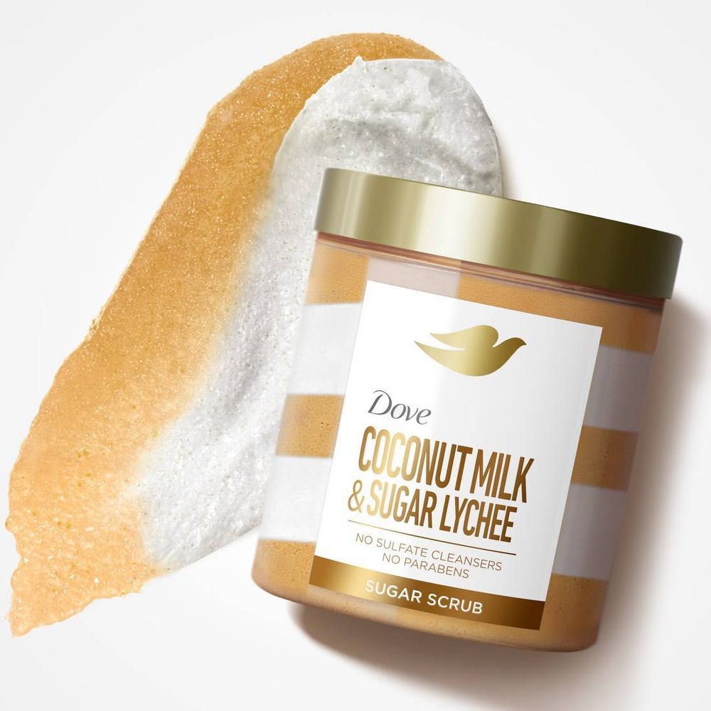 produit-dove beauty body sugar scrub - coconut milk & sugar lychee 