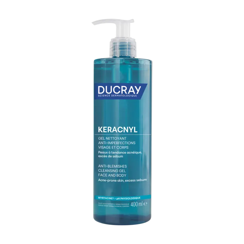 produit-ducray keracnyl  gel nettoyant anti-imperfections visage et corps