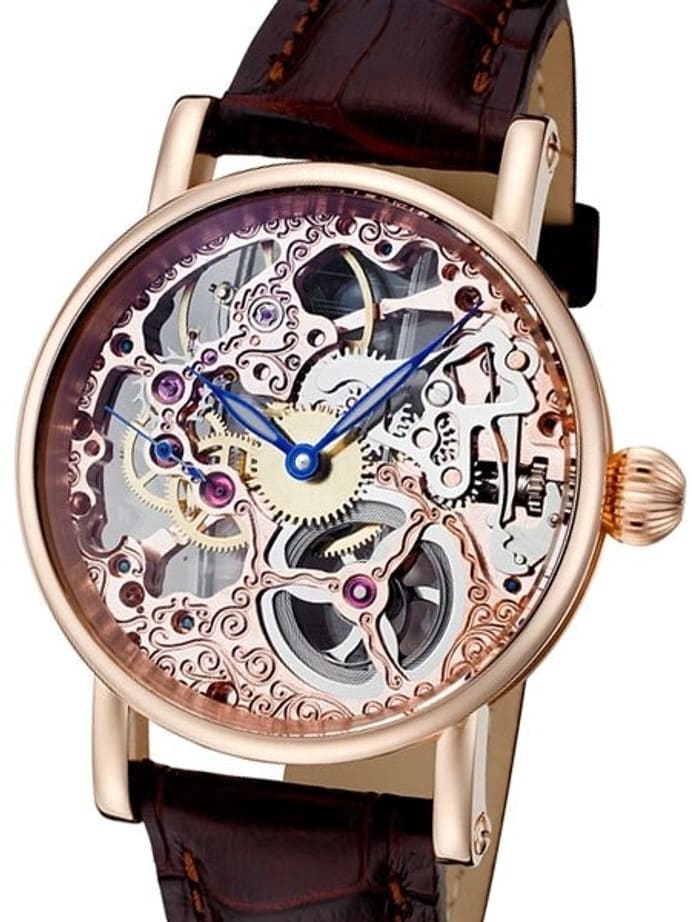 Rougois Hand Wind Decorated Skeleton Movement Watch with Rose Goldtone Case #RS10005