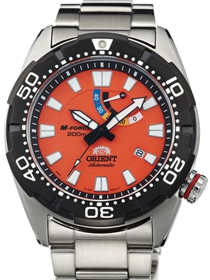 Orient M-Force Bravo Automatic Orange Dive Watch with Power Reserve Meter #EL0A003M