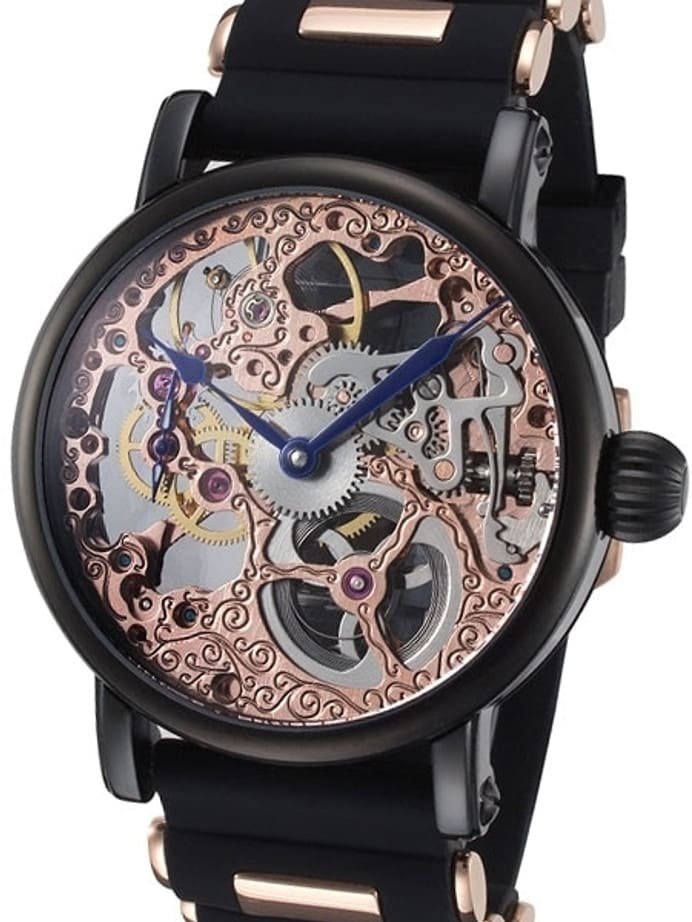 Rougois Rose Gold Plated Hand Wind Decorated Skeleton Movement Watch with Black IP Case #RS10006-BSB
