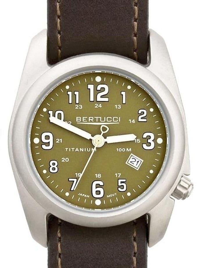 Bertucci A-2T Olive Dial Titanium Watch with Brown Leather Strap #12020