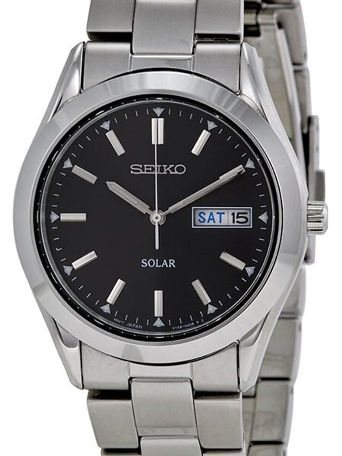 Seiko Black Dial, Solar Watch with 36mm Stainless Steel Case and Bracelet #SNE039
