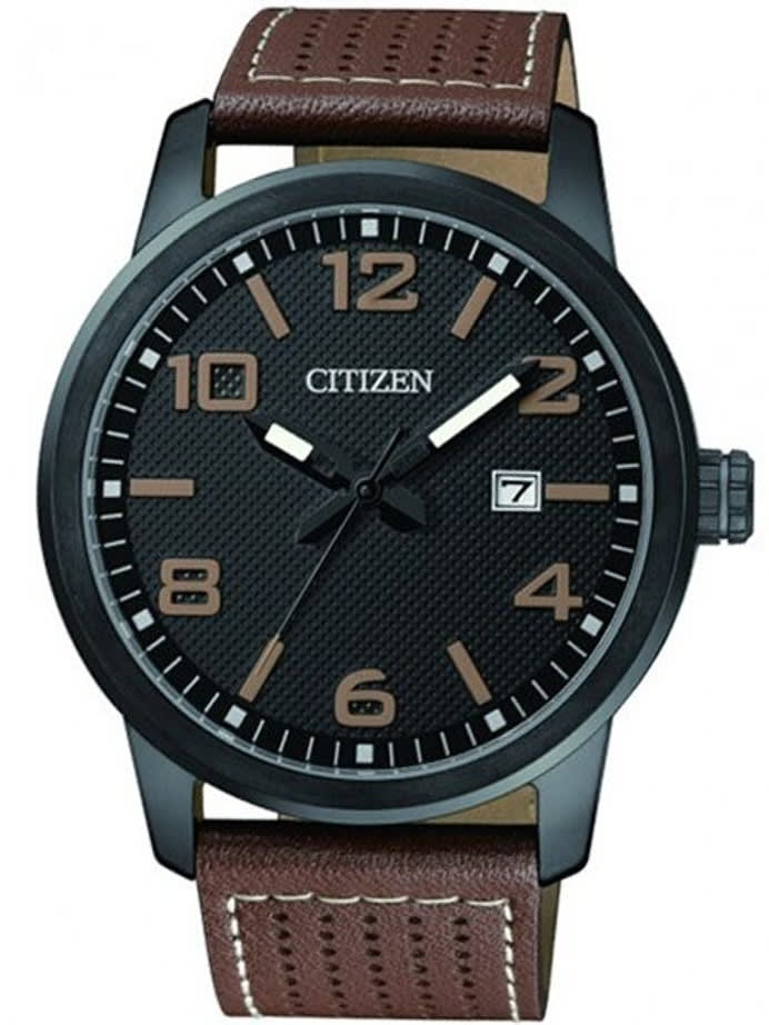 Citizen Quartz Black PVD Sport Watch with Brown Aerated Leather Strap #BI1025-02E