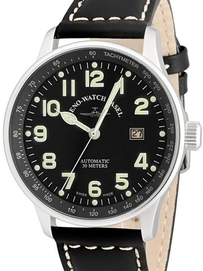 Zeno Mens XL Pilot Watch with Black Dial, Black Leather Strap and Swiss Automatic Movement #P554-a1