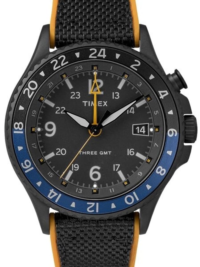 Timex 43mm Allied Three GMT Quartz Watch with Black Dial and INDIGLO Night-Light #TW2R70600VQ