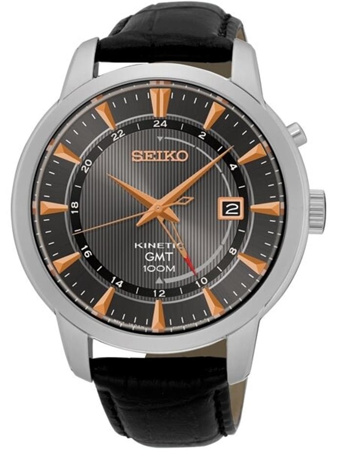 Seiko Kinetic GMT Watch with 43.6mm Stainless Steel Case and a Leather Strap #SUN063