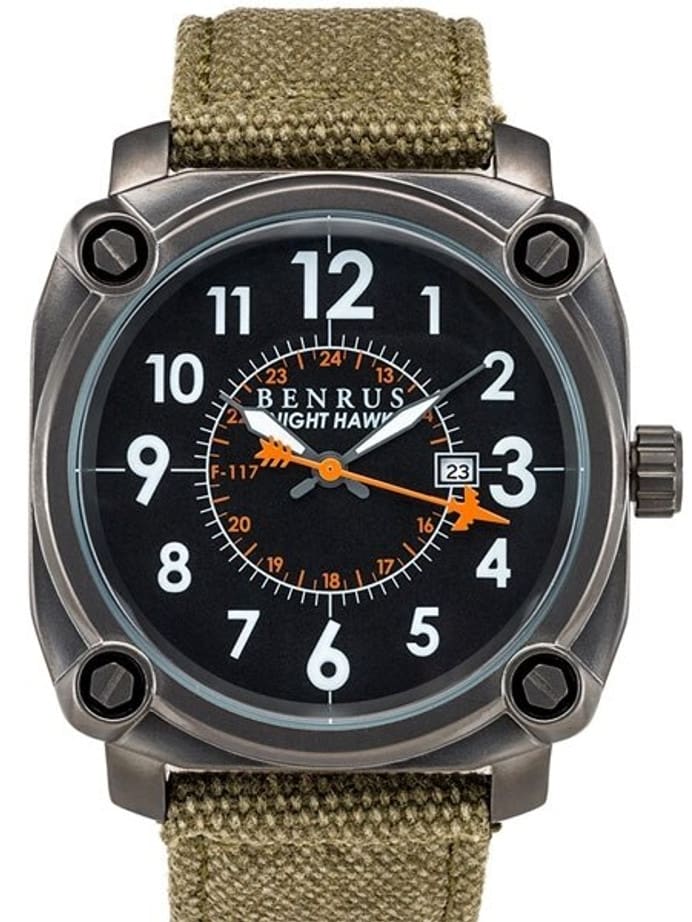BENRUS 43mm Stainless Steel, Military-Inspired Quartz Nighthawk Watch #BR002A