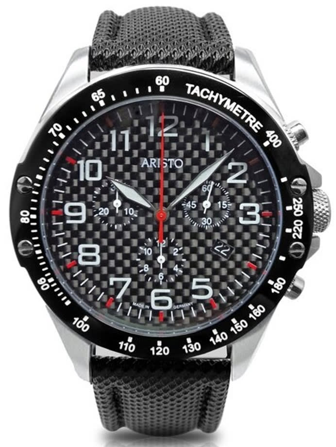 Aristo Aviator Style Quartz Chronograph Watch with Carbon Fiber Dial #4H158