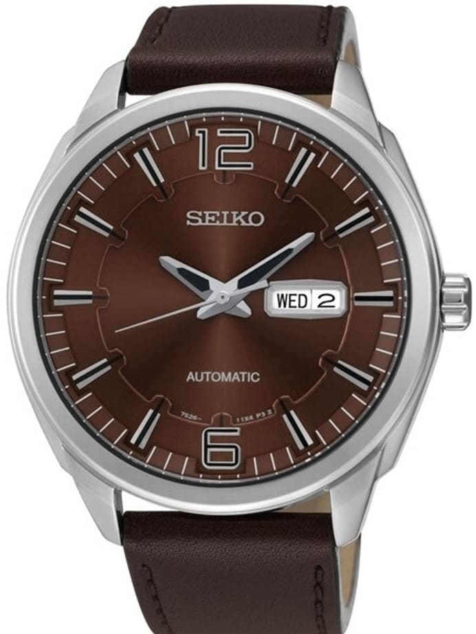 Seiko Automatic Watch with Brown Dial, 45mm Stainless Steel Case, Brown Leather Strap #SNKN49