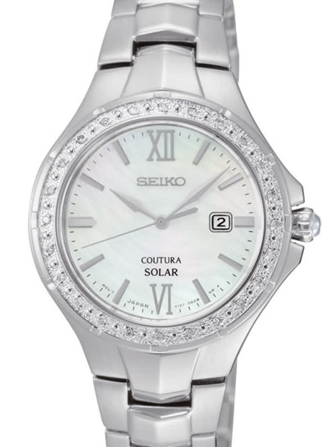 Seiko Ladies Coutura Solar Dress Watch with Mother of Pear Dial and Diamond Bezel #SUT239