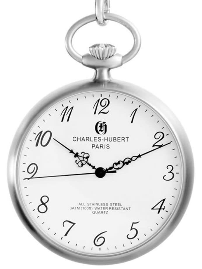 Charles-Hubert Quartz Pocket Watch with White Dial and Silvertone Chain #3534