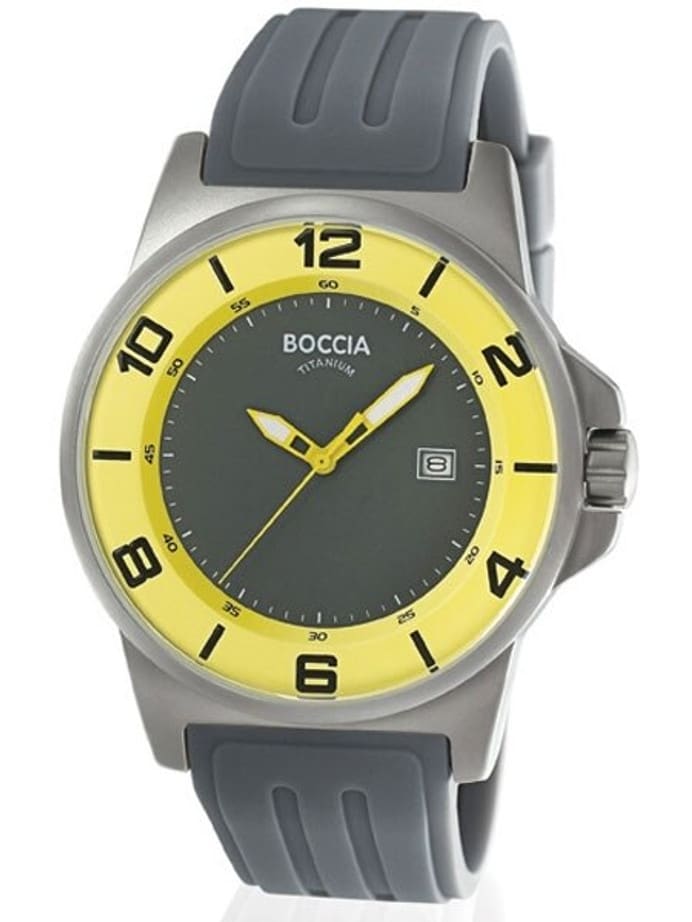 Boccia Mens Grey-Yellow Dial Quartz Sport Watch with 45mm Titanium Case and Grey Rubber Strap #3535-64