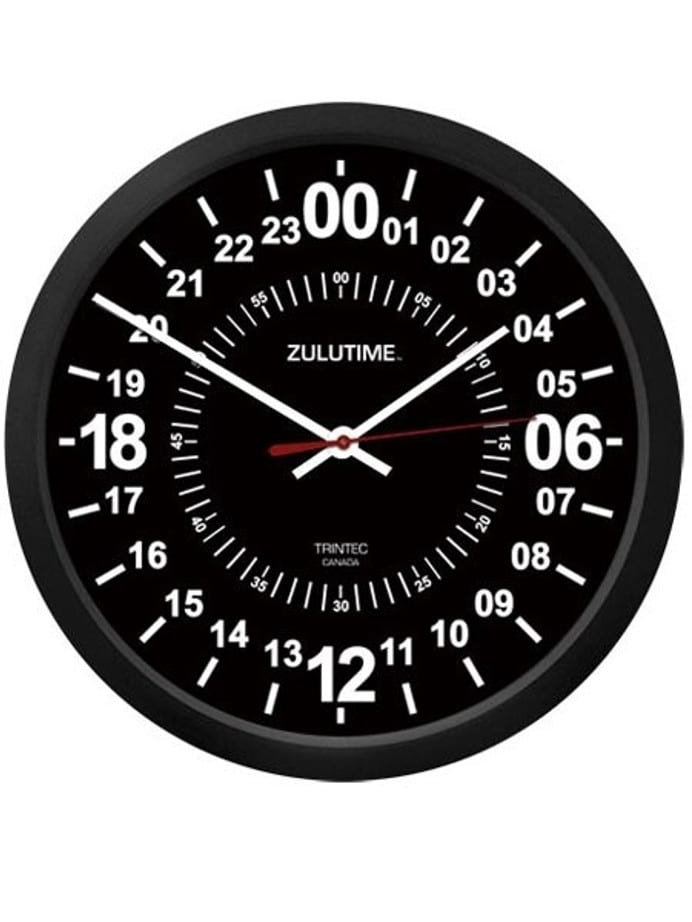 Trintec Ten Inch Black Aviation 24-Hour ZULU Time Quartz Wall Clock #ZT24HR10-B