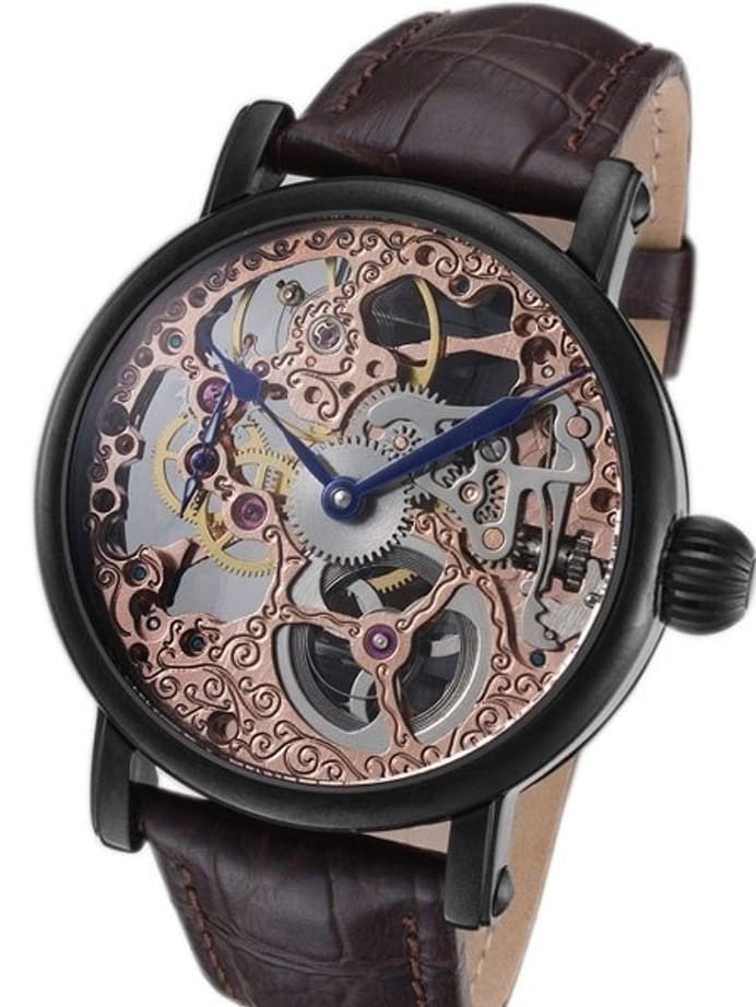 Rougois Rose Gold Plated Hand Wind Decorated Skeleton Movement Watch with Black IP Case #RS10006