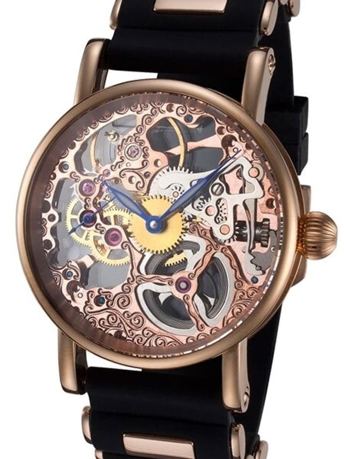 Rougois Rosarita Hand Wind Decorated Skeleton Movement Watch with Rose Goldtone Case #RS10005-BSB