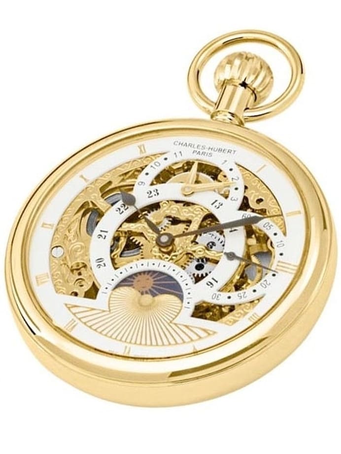 Charles-Hubert Mechanical Dual Time Pocket Watch with Sun-Moon Dial #3816