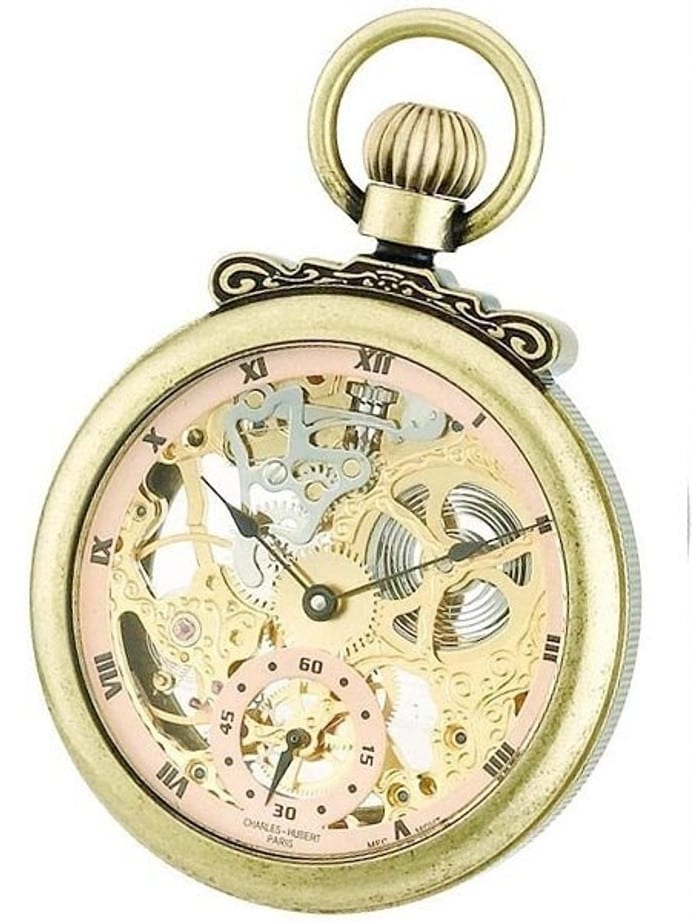 Charles-Hubert Mechanical Gold Tone Pocket Watch with Antiqued Case #3869G