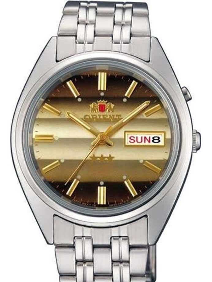 Orient Automatic Watch with Louver-Like Brown Dial, Day-Date and SS Bracelet #EM0401PU