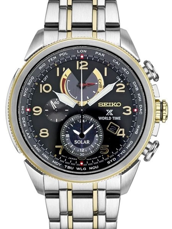 Seiko Solar Powered Chronograph Watch with World Time and Daily