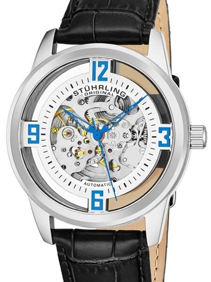 Stuhrling 42mm Skeleton Automatic Dress Watch with Vibrant Blue Hands #877.01