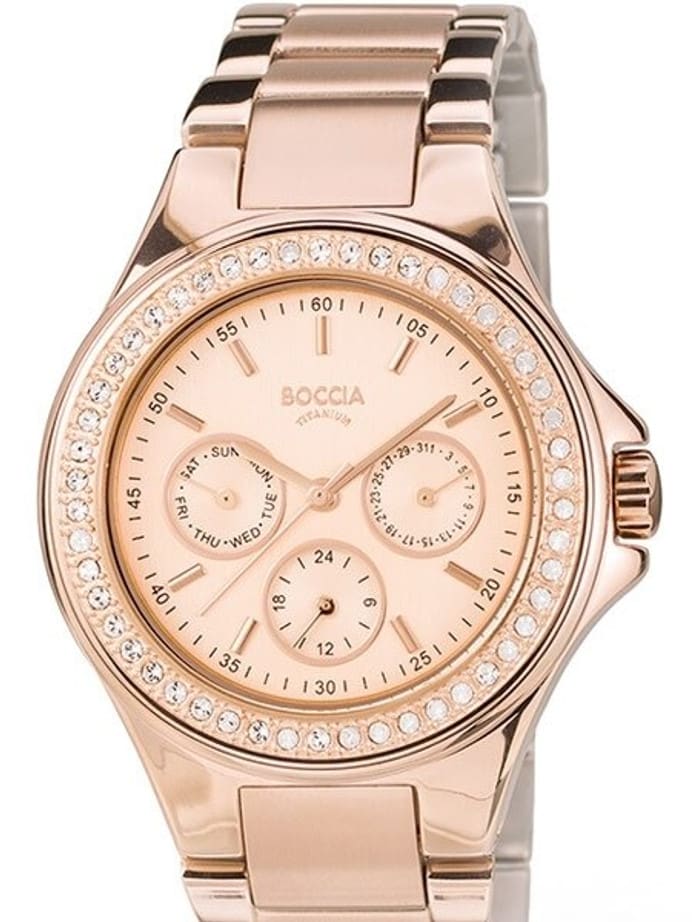 Boccia Ladies Quartz Watch with a 41mm Rose Goldtone Titanium Case and Swarovski Crystals #3758-02