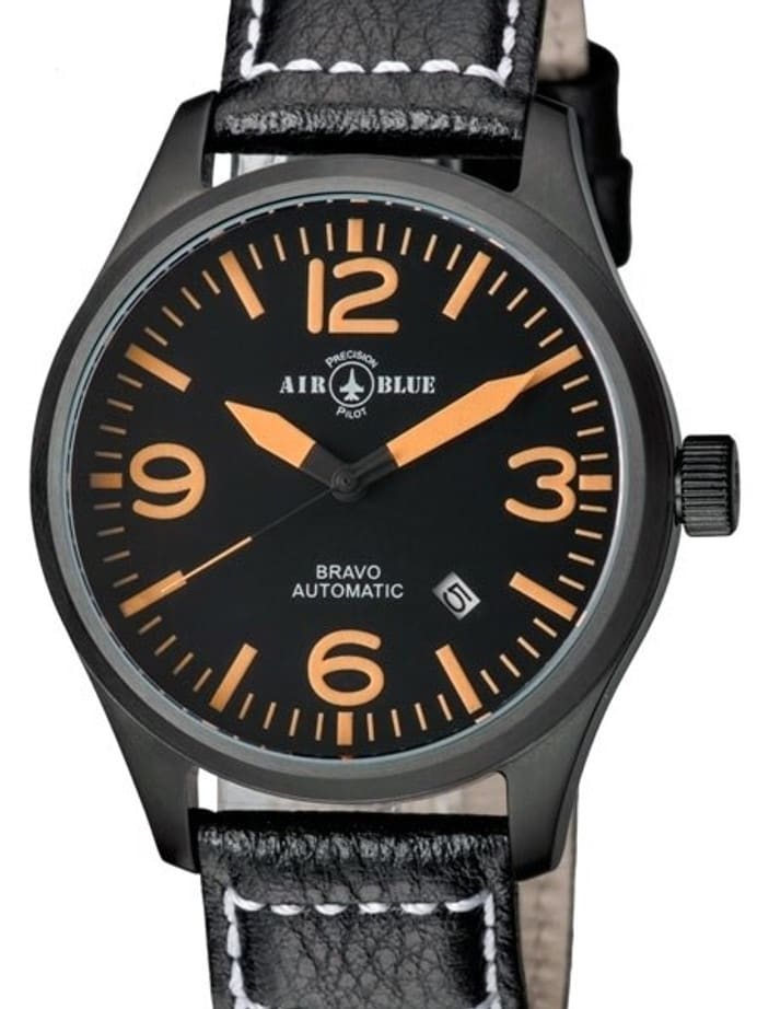 Air Blue Bravo Automatic Pilot Watch with 44mm PVD Case, Sapphire Crystal #BRAVOAUTOPVDBLKORG