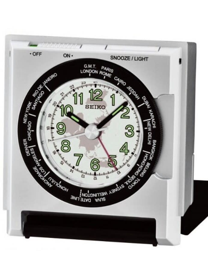 Seiko Travel Alarm Clock with Snooze bar and World Time Bezel #QHE116SLH