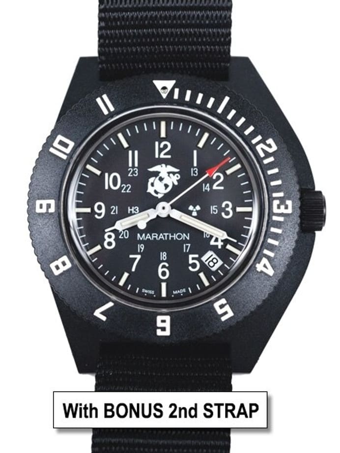 Marathon Swiss Made Quartz Military Navigator Pilot Watch with Tritium Illumination + Bonus Strap #WW194013USMC-BK-BN