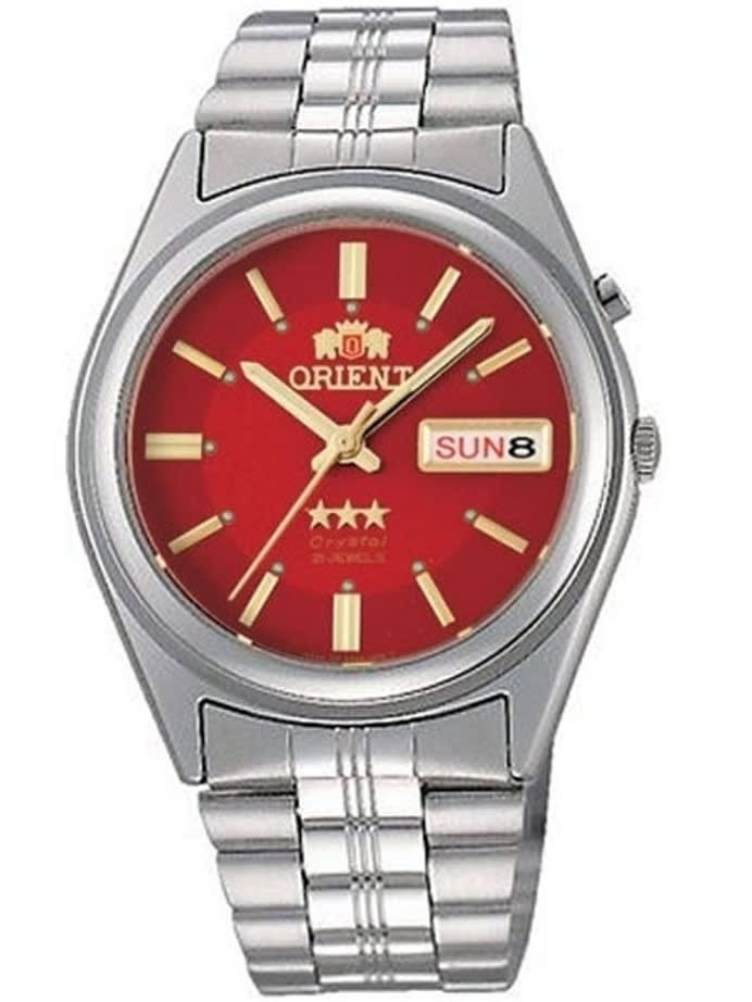 Orient Automatic Watch with Red Dial, Day-Date and SS Bracelet #EM6Q00DH