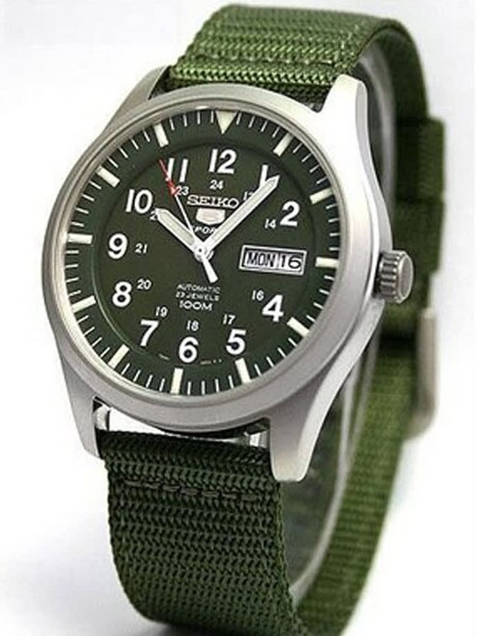 Scratch and Dent - Seiko Military Dark Green Dial Automatic Watch with 42mm Case, Green Canvas Strap #SNZG09K1 5