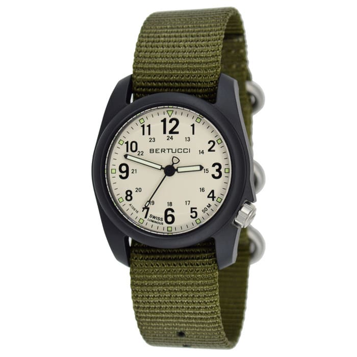 Bertucci DX3 Field Resin Watch, Olive Green Nylon Strap, White Dial - 11049