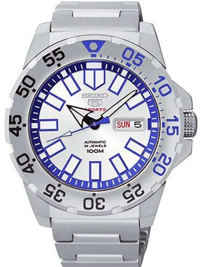 Seiko 43mm Sports 5 Automatic 24-Jewel Watch with Silver Dial and Blue Accents #SRP481K1