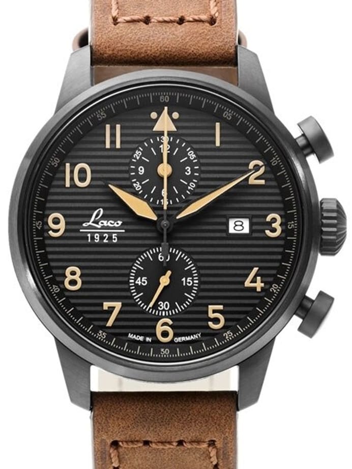 Laco Engadin Two-Eye Chronograph Watch with 42mm PVD Case and Corrugated Dial #861976