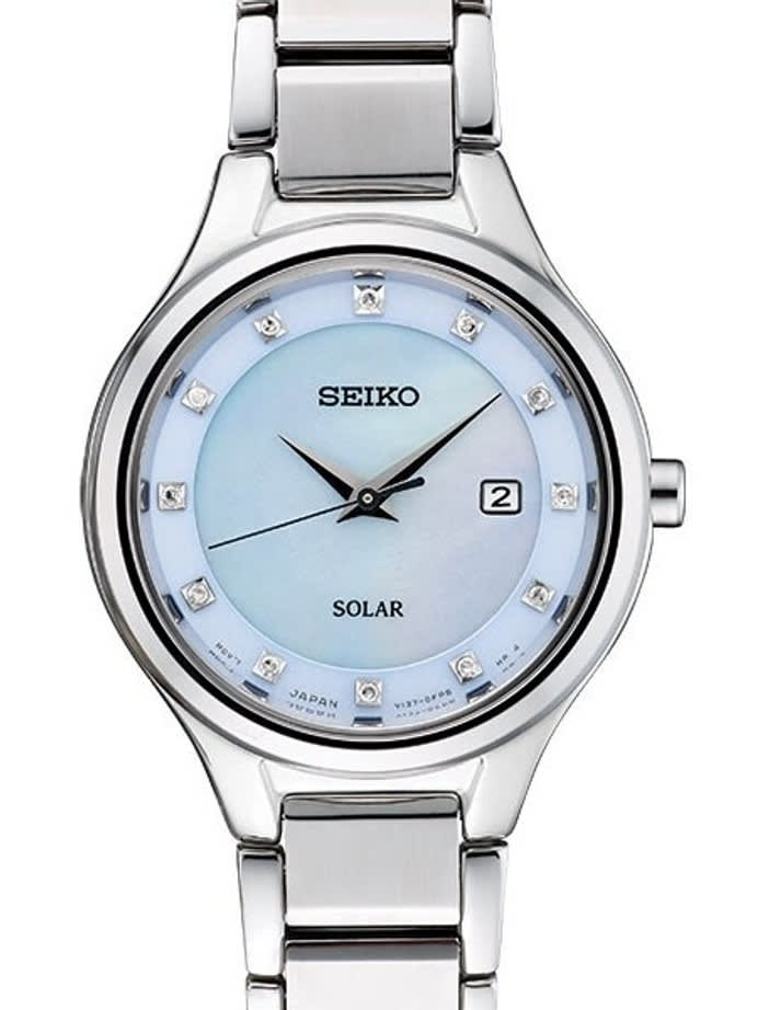 Seiko Women's Solar Dress Watch with 12 Diamond Hour Markers, Mother of Pearl Dial #SUT351
